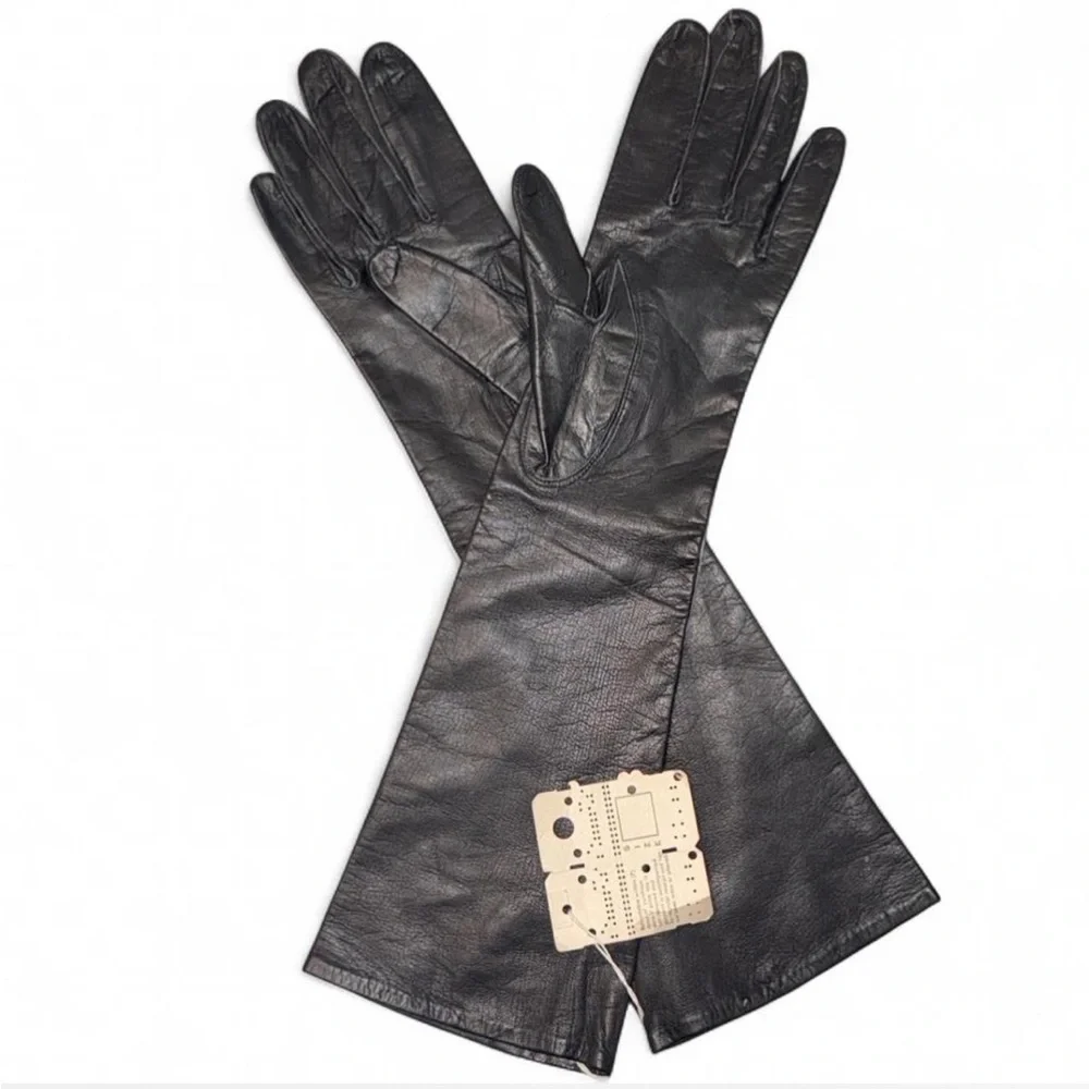 INSANE *** Vintage 50s NWT Black Leather & Silk Opera Gloves - made in France 🇫🇷 - Picture 3 of 8